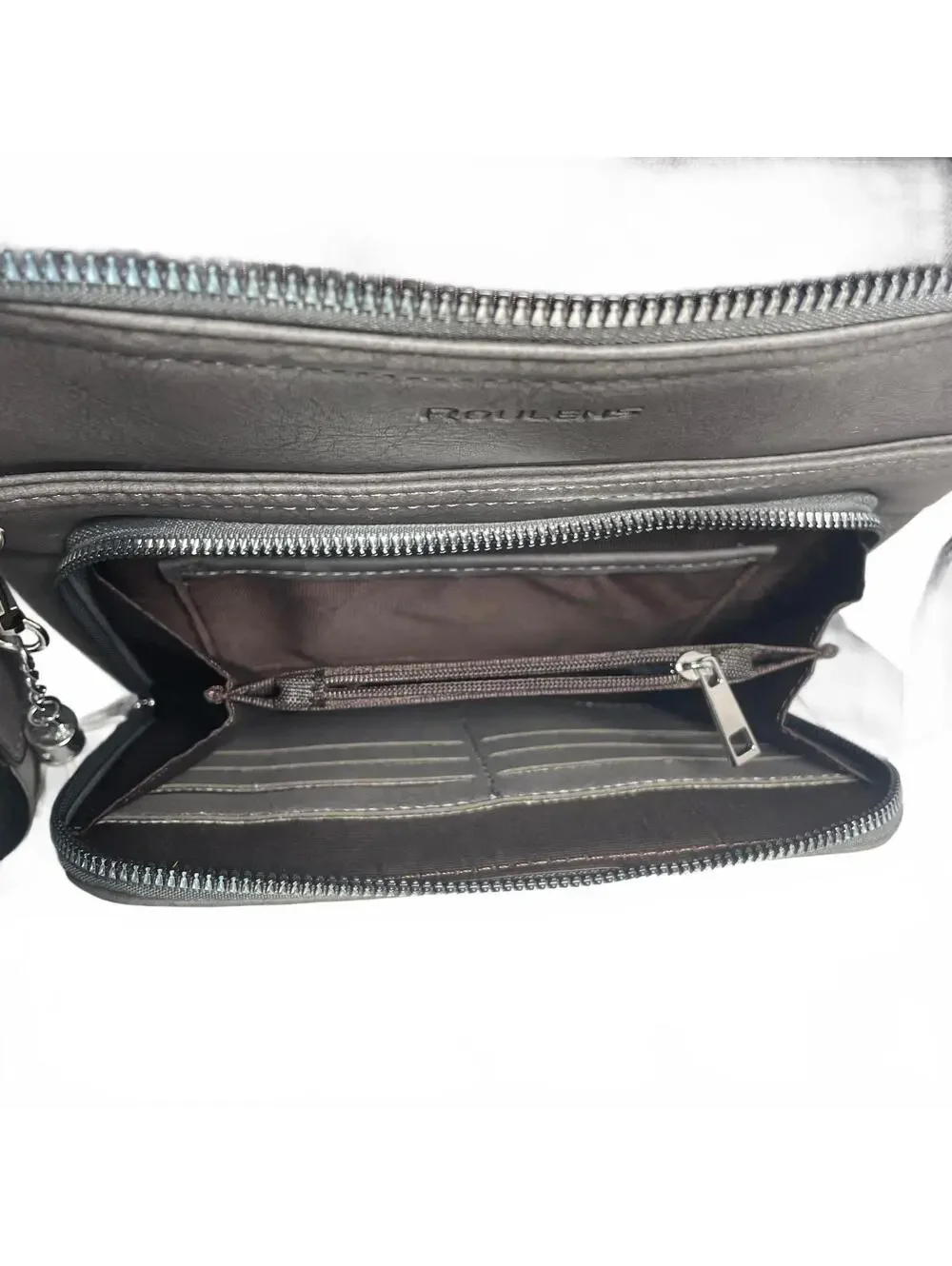 Vegan Leather Gray Roulens Crossbody Wallet Purse Adjustable w/ RFID Travel